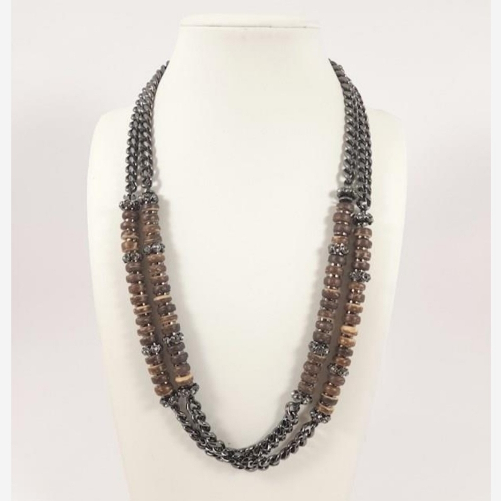 Givenchy Mixed Media Gun Metal Tone and Wood Necklace